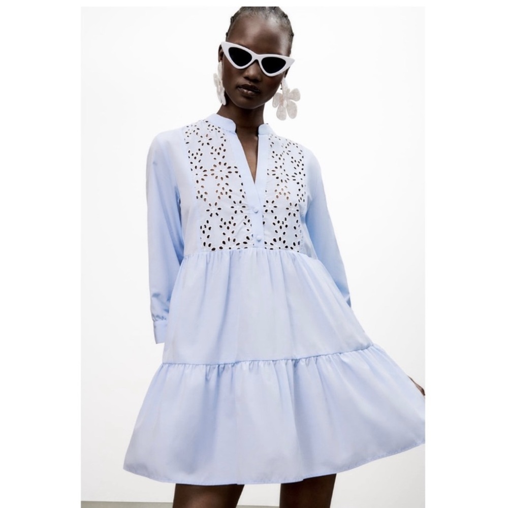 NWT Zara Woman Openwork Embroidered Mini Blue Dress